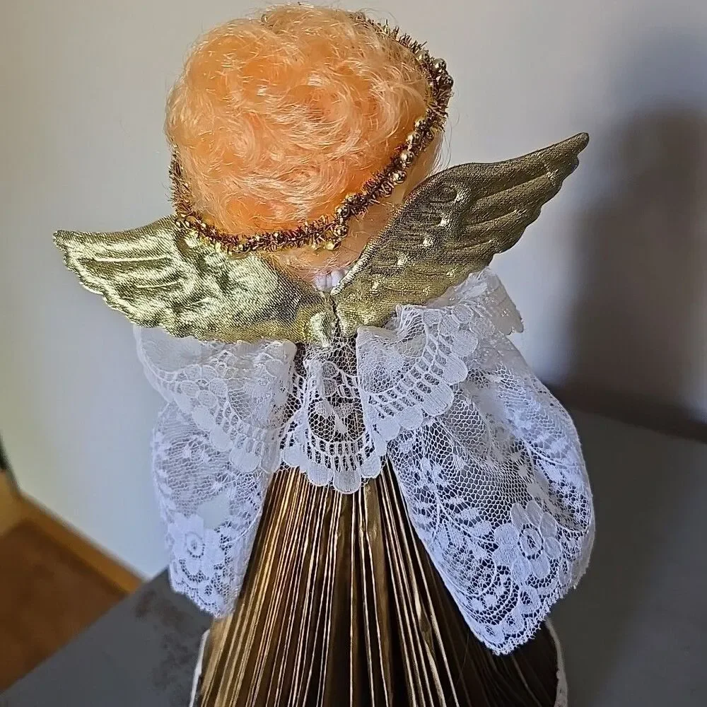 Vintage MCM Christmas Angel Felt Paper Centerpiece LaceGold Sequin Handmade 12